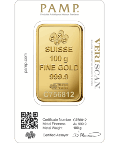 Alternative view of 100 gram PAMP Fortuna Gold Bar